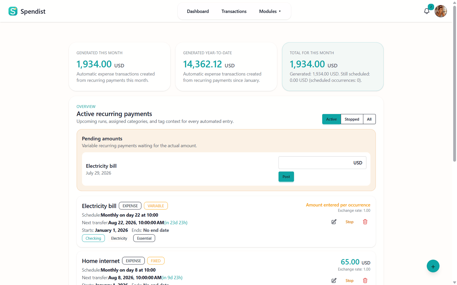 Subscriptions and recurring payments tracked in Spendist