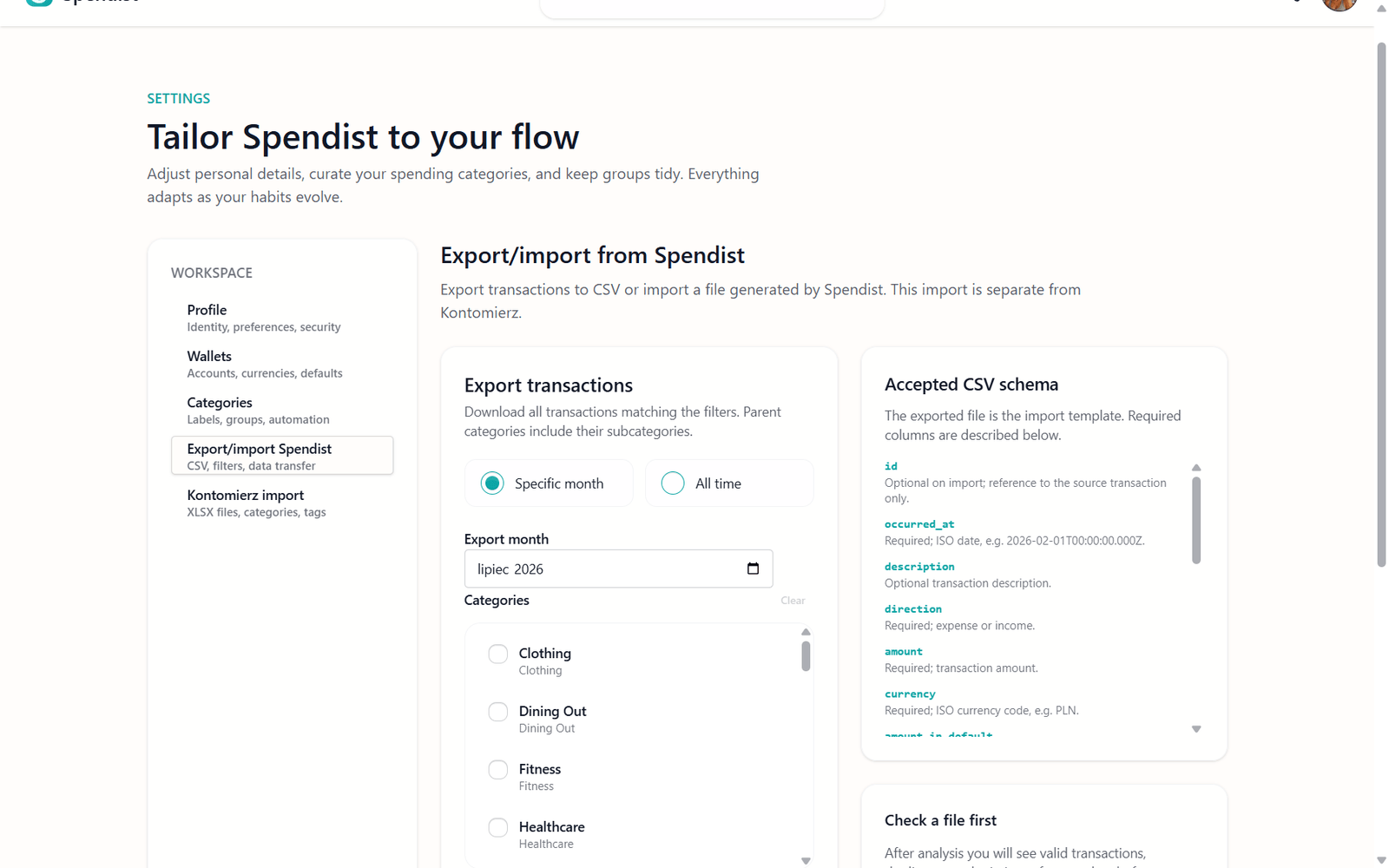 Reviewing a financial data import in Spendist