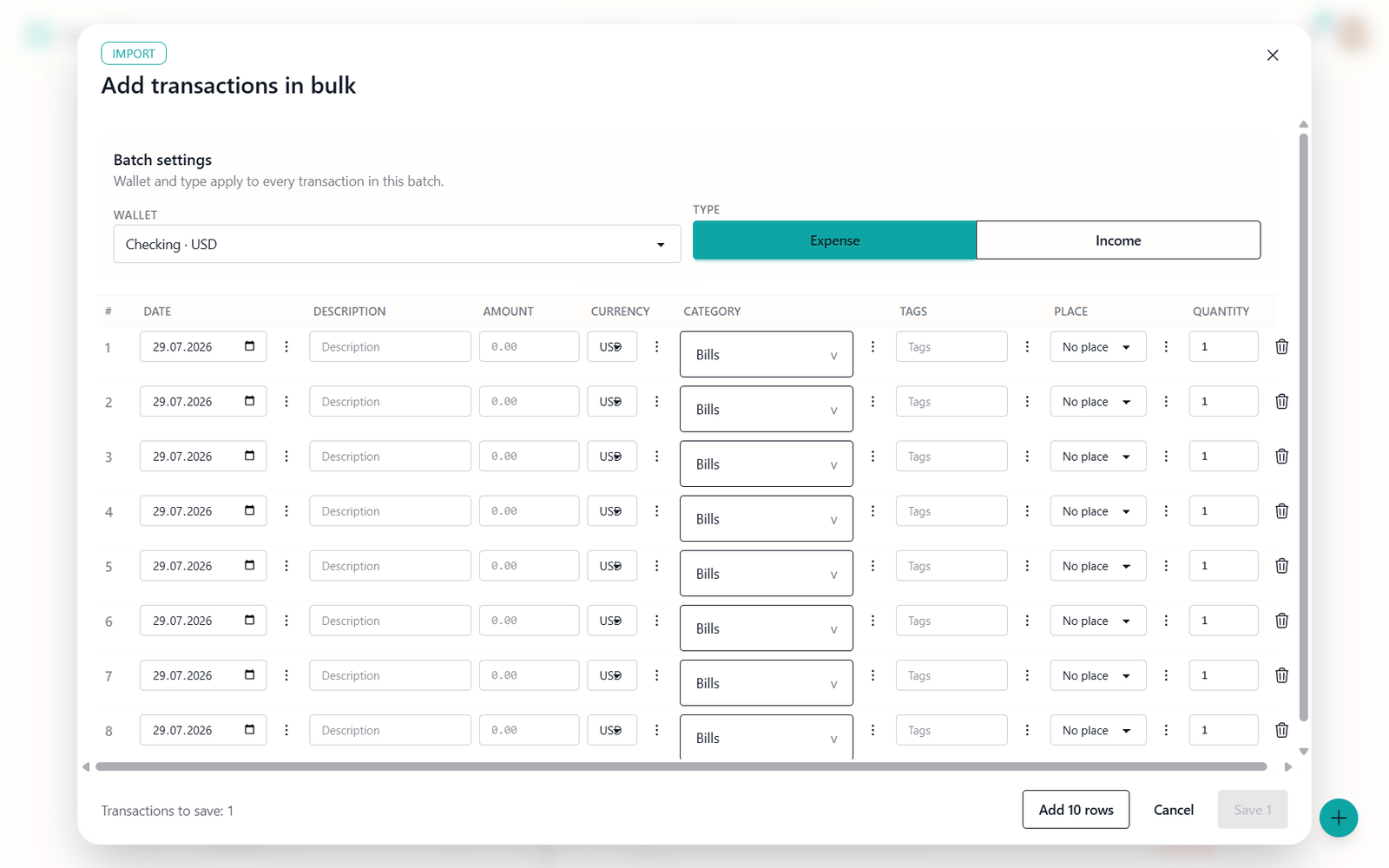 The Spendist bulk-entry form with a quantity field for repeated transactions