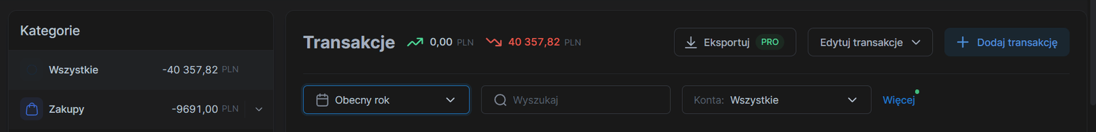 Historyczny widok transakcji w polskiej aplikacji finansowej używanej przed Spendist
