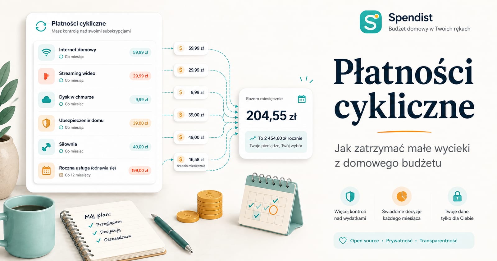 Płatności cykliczne składające się na miesięczną sumę domowego budżetu obok logo Spendist